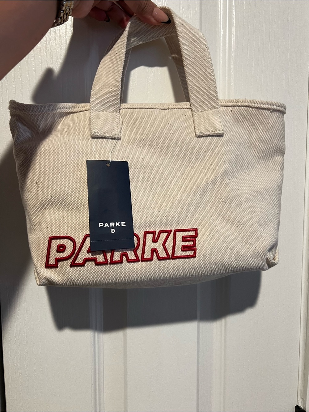 Parker Cream Canvas Tote with Red Logo Stitching